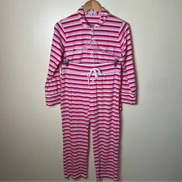 J.Crew 100% Cotton Pink Red Striped Knit Pajama Set Pants Long Sleeve Medium (P) - Picture 3 of 13